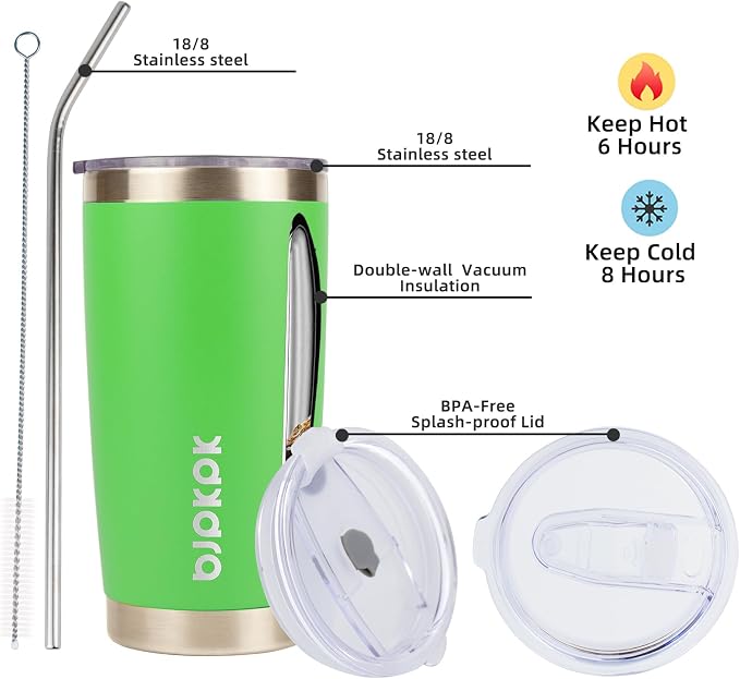 BJPKPK 20 oz Coffee Tumbler with Lid, Straw, Insulated Stainless Steel Mug | Double Wall Vacuum, Keeps Hot/Cold, BPA Free, Leak Proof, Iced Coffee Cup Fit Car Holder, Travel & Beach Ready, Green
