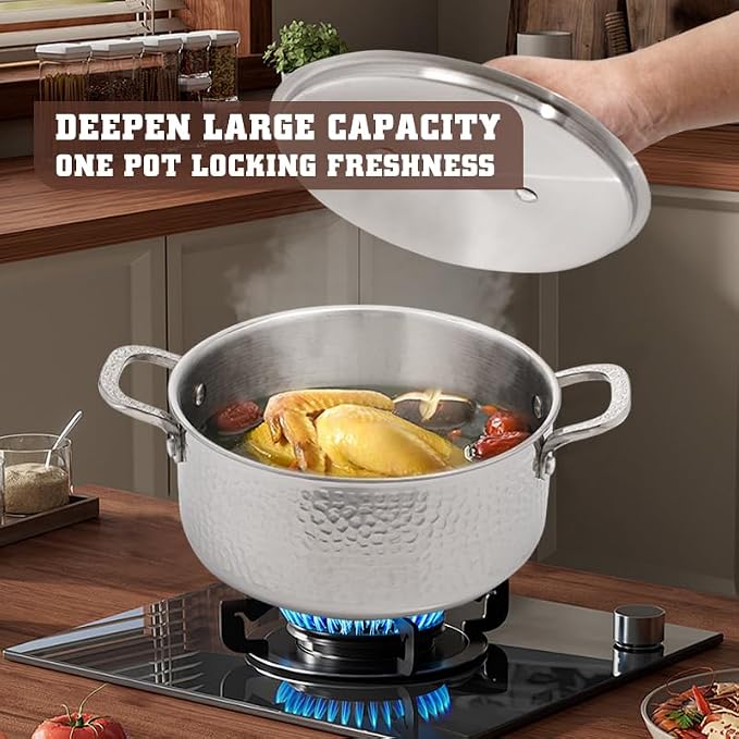 Vivicreate Tri-Ply Stainless Steel Stockpot – Deep Cooking Pot with Hammered Exterior, Compatible with All Stovetops, Even Heat Distribution, Durable Cookware for Soups, Stews, and More（7QT）