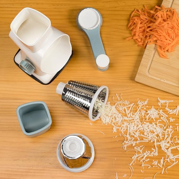Rotary Cheese Grater Hand Crank White - Shredder Slicer Grinder 3 Stainless Steel Blades, Stable Suction, Labor-Saving Handle, Safe Kitchen Tool for Cheese, Vegetable, Nuts, Chocolate