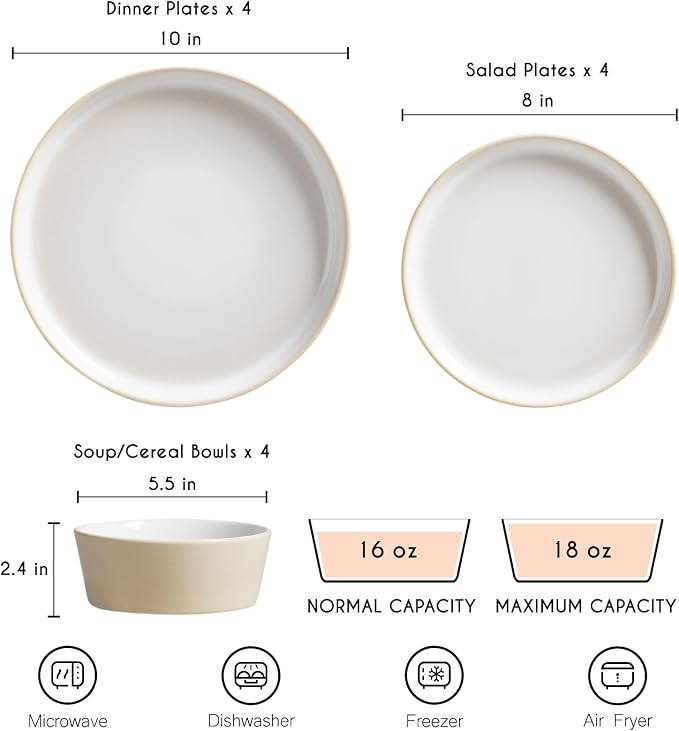 Stoneware Dinnerware Set for 4(12Pcs) – Microwave & Dishwasher Safe Plates and Bowls with Reactive Glaze – Rustic Farmhouse Modern Design for Everyday Dining, Wedding & Outdoor - Light Beige
