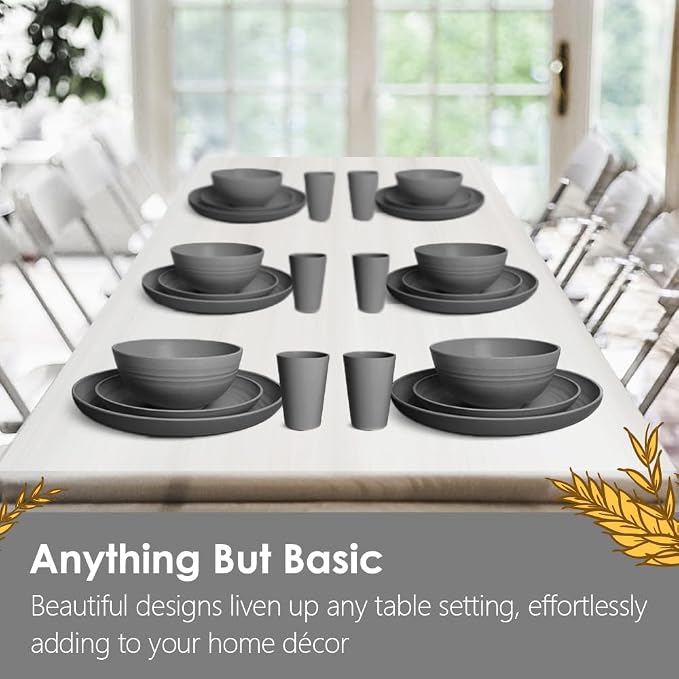 Teivio 32-Piece Plates and Bowls Sets for 8, Gray Matte Dinnerware Sets | 13.5oz Cups, Plastic Wheat Straw Unbreakable Dish Set, Dishwasher Safe, for Outdoor Camping RV Apartment Essentials Plate Set