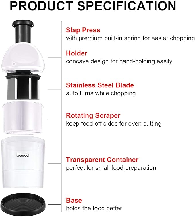 Geedel Food Chopper, Manual Vegetable Chopper Cutter, Slap Onion Cutter | Hand Chopper for Veggie Onions Garlic Nuts Salads, Fast & Even Chopping, Sharp Stainless Steel Blade, Dishwasher Safe, No BPA