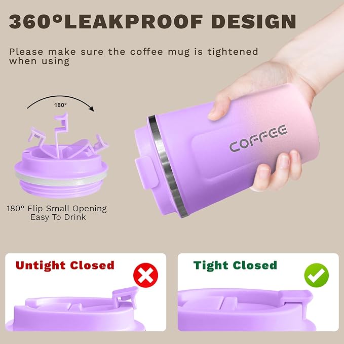 SPLMIFA Travel coffee mugs leak-proof,coffee cups with lids, stainless steel vacuum insulated coffee tumblers, thermal insulation cups for men & women keep drinks hot & cold(2nd-Purple Pink, 17OZ)