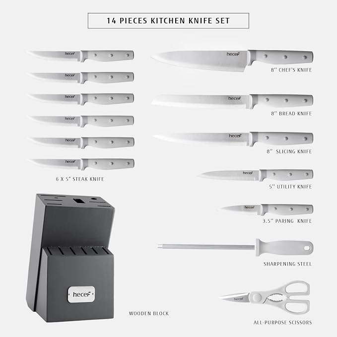 hecef Grey Kitchen Knife Block Set, 14 Pieces | Wooden Block, Sharpener Steel, All-purpose Scissors, High Carbon Stainless Steel