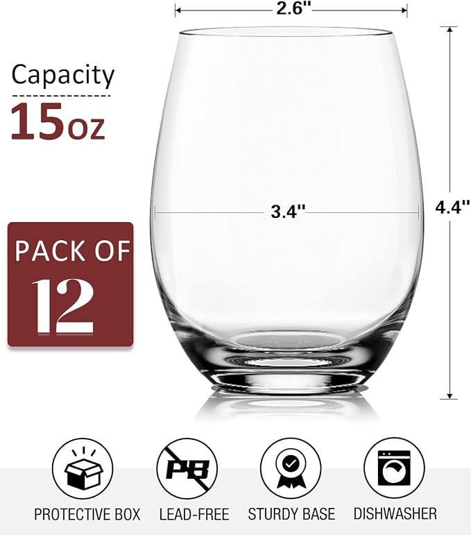 Stemless Wine Glasses Set of 12, 15oz, Crystal, Red White Wine | Clear, Dishwasher Safe, Ideal for Daily Use, Birthday, Wedding, Home Party, Anniversary, Shower
