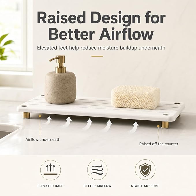 Instant Dry Sink Caddy Kitchen Sink Organizer, Quick Drying Stone Tray Diatomite Sponge Holder Soap Dish, Bathroom Countertop Fast Dry Water Absorbing Vanity Rack, Gold White, 12" x 5"