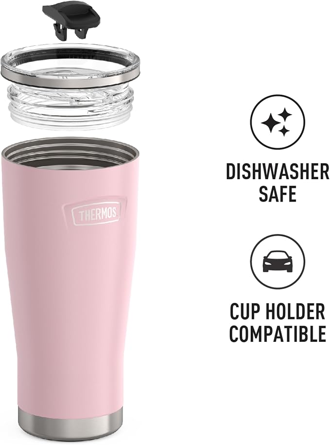 THERMOS Icon Series 24oz Stainless Steel Tumbler with Slide Lock Lid, Leakproof, Fits Cupholder, Dishwasher Safe, Griptec™ Non‑Slip Base, Keeps Drinks Hot 6 Hrs/Cold 22 Hrs, Sunset Pink