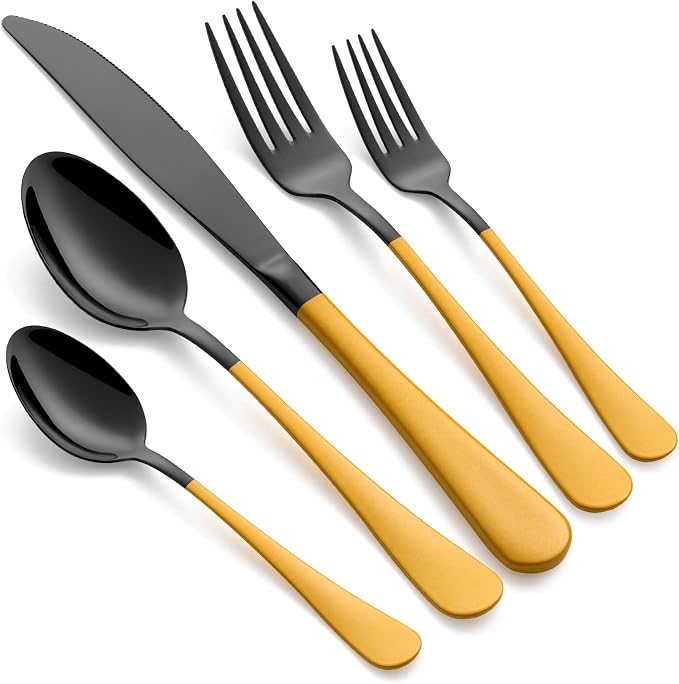 20-Piece Black Silverware Set 18/0 Stainless Steel Silverware Set Yellow Handle Cutlery Set Service for 4 Dinner Knives Forks Spoons Set Flatware Set Finish Dishwasher Safe（Black and Yellow）