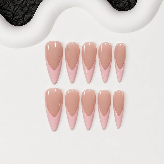 10pcs Handmade Long Stiletto Press on Nails Pink French Tips Nude Fake Nails with Decor Solid Color Press on Nails Glossy Thick Hand Made Acrylic Nail for Women (S)