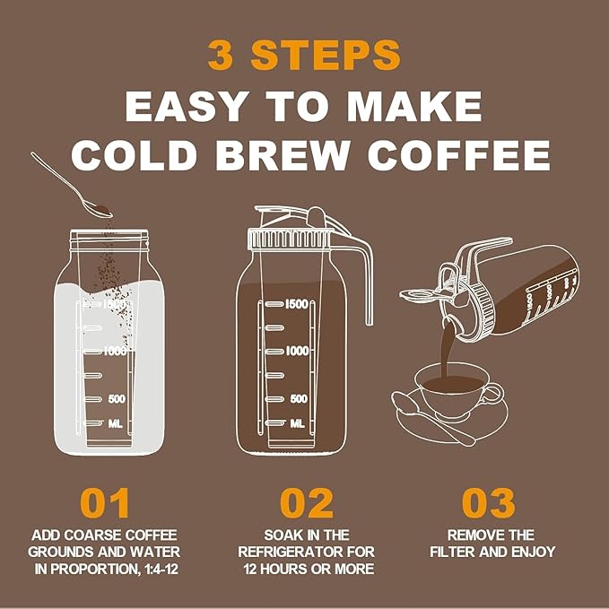 Cold Brew Coffee Maker, 64 oz Glass Mason Jar Pitcher | 100μm stainless steel filter, wide mouth design, leak-proof lid with handle, pour spout for iced coffee, tea and cold drinks