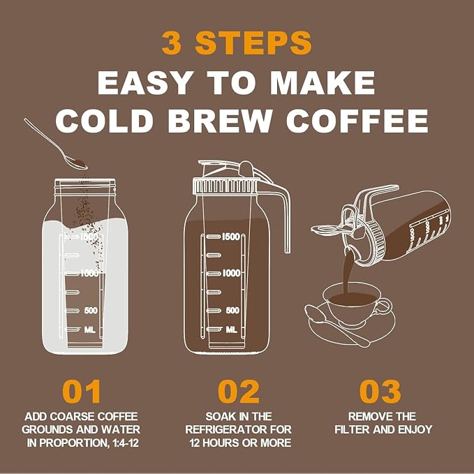 Cold Brew Coffee Maker, 32 oz Glass Mason Jar Pitcher | 100μm stainless steel filter, wide mouth design, leak-proof lid with handle, pour spout for iced coffee, tea and cold drinks