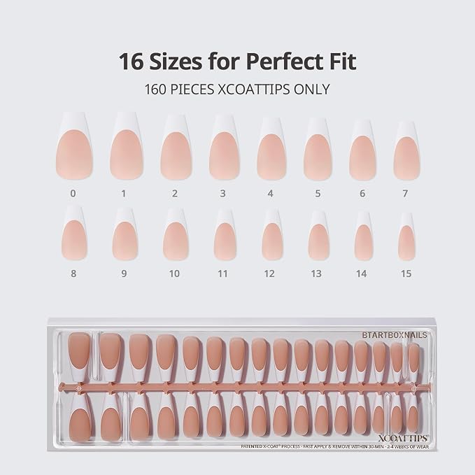 BTArtboxnails XCOATTIPS White French Tip Press On Nails, XL Coffin, Peach | Lamp-Curable, 4-Week Wear, Natural Nail Look, Salon Quality Value at Home, Easy-to-Apply for Beginners, 160ct Nail Tips Only