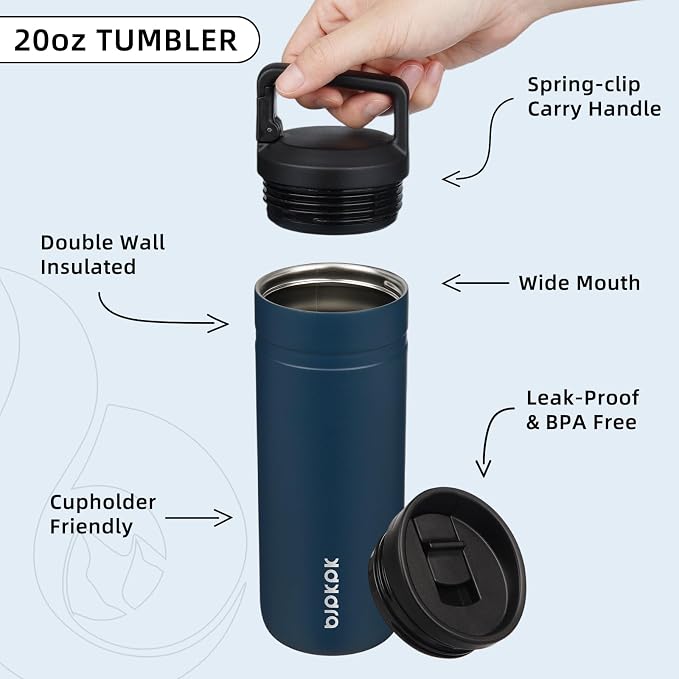 BJPKPK 20 oz Insulated Travel Water Bottle, Coffee Tumbler Stainless Steel | Double Wall Vacuum, Leakproof, Thermal, Keeps Hot/Cold, Dishwasher Safe, Spill Proof, Wide Mouth, 2 Lids, Navy Blue