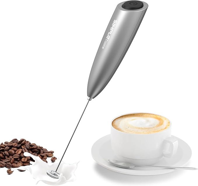 SIMPLETASTE Milk Frother Handheld Electric Foam Maker Battery Operated | Drink Mixer with Stainless Steel Whisk for Cappuccino, Bulletproof Coffee, Latte, Silver, without Stand