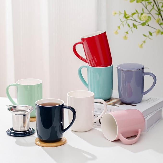 CEEFU 16oz Porcelain Tea Mug with Infuser, Lid and Coaster | Teaware with Filter, Loose Leaf Tea Cup Steeper Maker, Tea/Coffee/Milk/Women/Office/Home/Gift, Purple