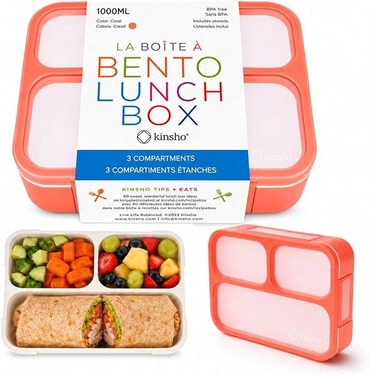 Bento Box Adult Lunch Box | Lunch Boxes for Adults Kids Women | 3 Compartments |Portion Control Meal Snack Container for Big Kids Teens Work School | Leakproof Divided Containers | Coral - Orange