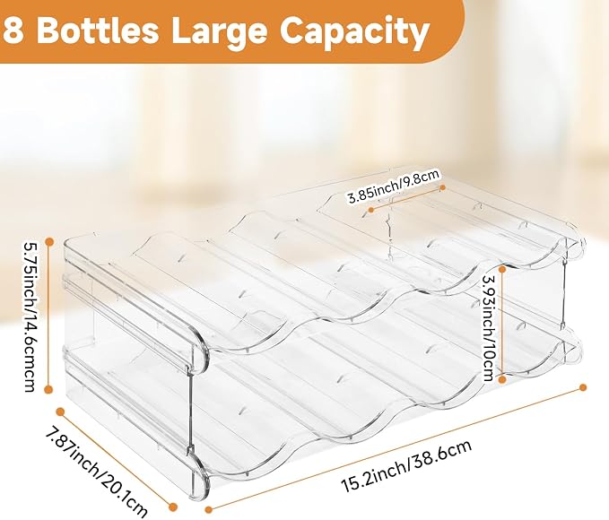 Stackable Water Bottle Organizer Large Compartment Water Bottle Holder | 2 Tier Clear Water Bottle Organizer for Cabinet, Water Bottle Rack for Kitchen Organization and Storage - Hold 8 Bottles
