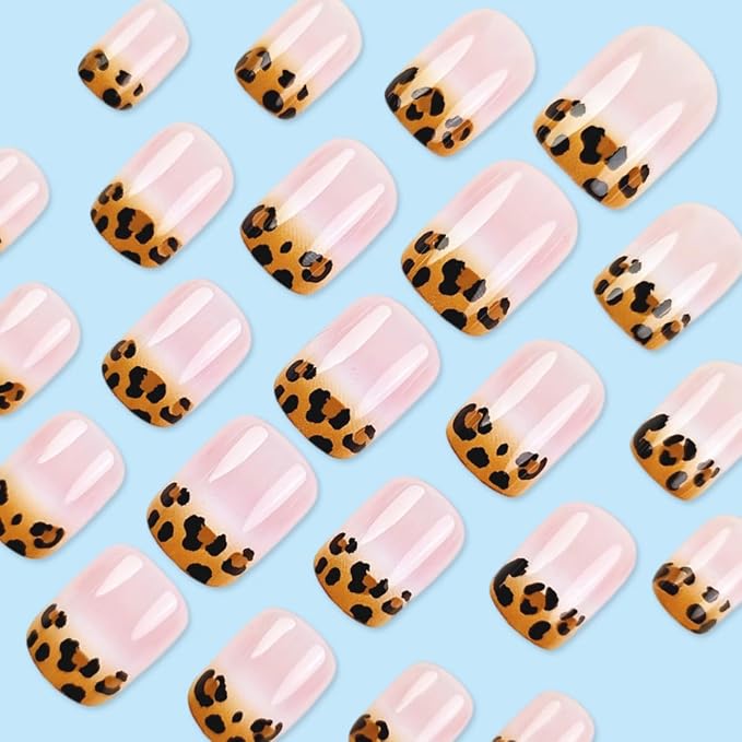 24Pcs French Tip Press on Nails Short Square WLGDLH Summer Fake Nails Press ons Nail Art Tips with Brown Leopard Print Design Acrylic Glue on Nails Full Cover Nude False Nails for Women Manicure