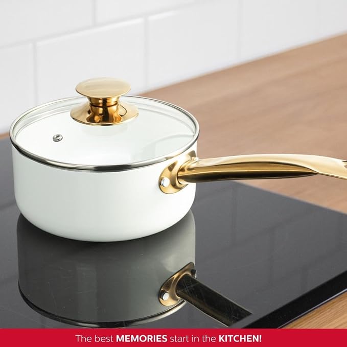 Holstein Housewares 3.5QT Ceramic Non-Stick Sauce Pan with Lid, Multipurpose Sauce Pan for Simmering & Boiling, Stainless Steel Golden Handle, Induction, Gas & Electric Compatible, White and Gold