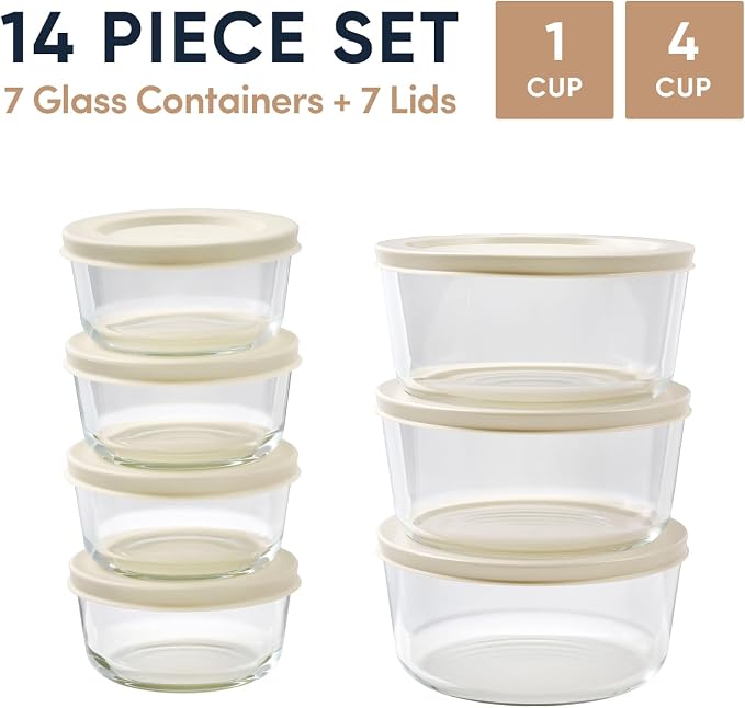 14-Piece Glass Food Storage Containers Set (7 Containers + 7 BPA-Free Lids) | 1-Cup & 4-Cup, Leakproof | Microwave, Freezer, Oven & Dishwasher Safe | Ideal for Meal Prep & Pantry Organization, Beige