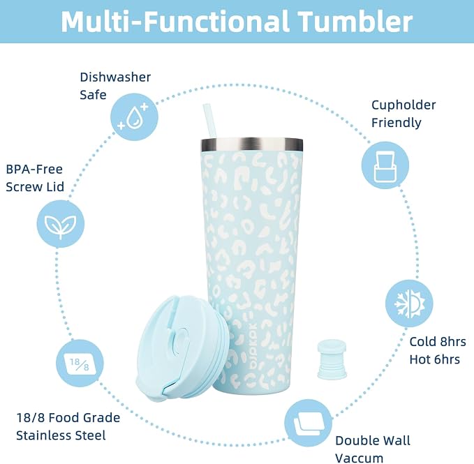 BJPKPK 26 oz Coffee Tumbler with Straw, Insulated Stainless Steel Cup | Double Wall Vacuum, Leak Proof Lid, Keeps Hot/Cold/Iced, BPA Free, Travel & Outdoor, Light Blue Leopard