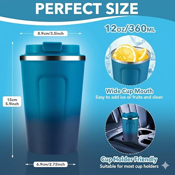 Volhoply 12 oz Double Wall Insulated Vacuum Travel Coffee Mug with Flip Lid Bulk 4 Pack,Reusable Stainless Steel Leak Proof Coffee Cups,Portable Thermal Tumbler for Hot & Cold Drinks(Dark Night,4 Set)