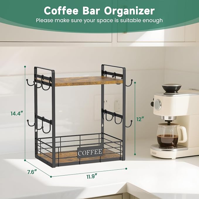 EsLuker.ly Coffee Mug Cup Holder Tree Bar Station Organizer, 2 Tier | Mug Stand Rack for Countertop Kitchen, Storage Tower Display Shelf with 12 Hooks, Coffee Nook Enhancer