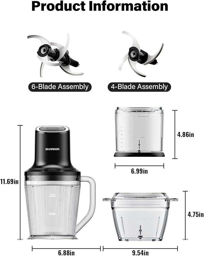 SHARDOR 3-in-1 Small Food Processor/Blender, 400W Powerful Food Chopper with 6-Cup Jar, 4-Cup Processor Bowl & 2-Cup Chopper Bowl, for Food Prep, Smoothies and Milkshakes