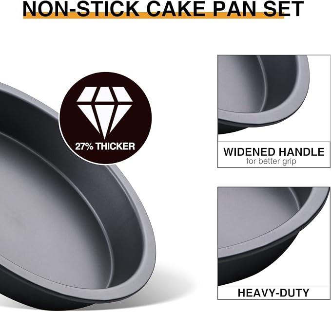 Round Cake Baking Pan, 8 Inch, Shallow Cookie Pans, Layer Cake Pans with Wider Grips, Nonstick Circle Pizza Tin, Huty Duty, Dishwasher Safe, 2 Pieces- Grey