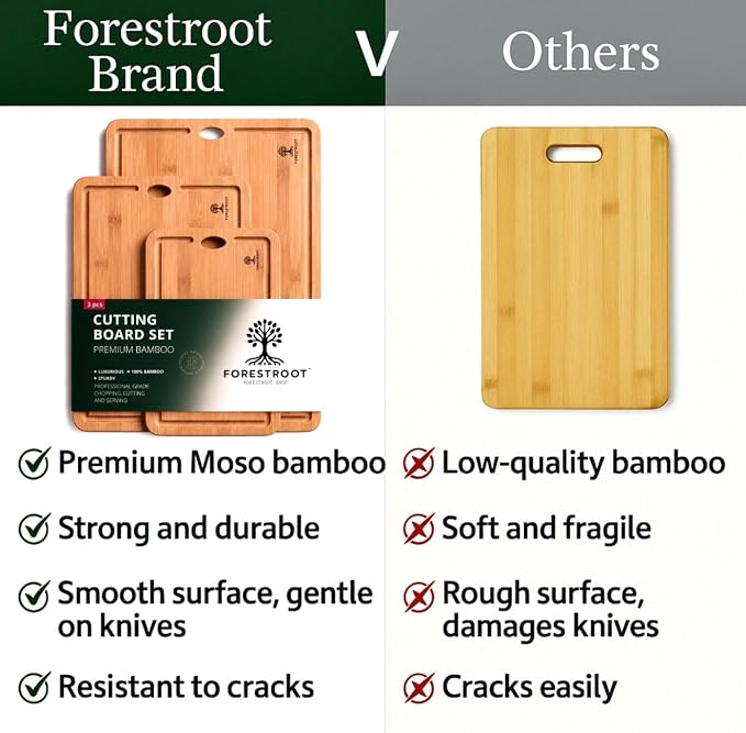 Bamboo Cutting Board Set for Kitchen, 3-Piece Reversible Carbonized Bamboo Chopping Boards with Juice Grooves & Hanging Holes, Butcher Block Board Set for Meat, Vegetables, Fruits & Cheese