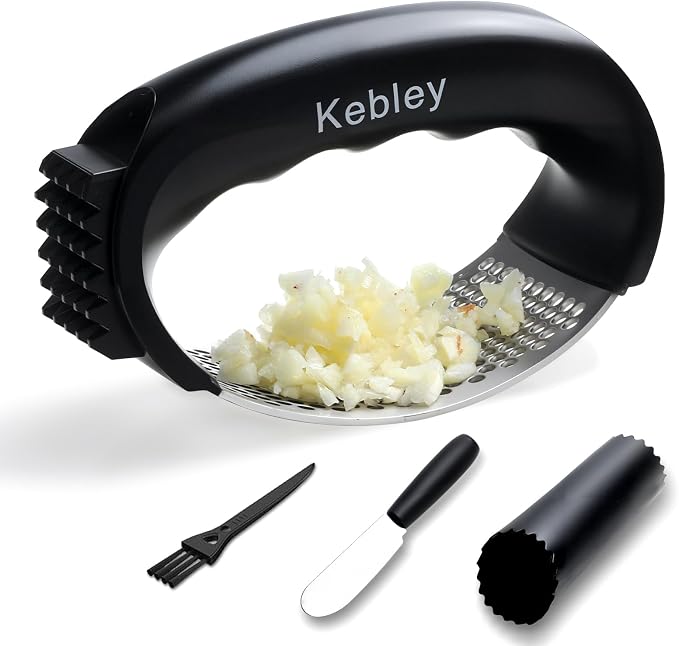 Garlic Press Rocker Stainless Steel Garlic Crusher, Mincer and Chopper with Peeler and Scraper,brush, Easy Kitchen Gadget for Effortless Smashing
