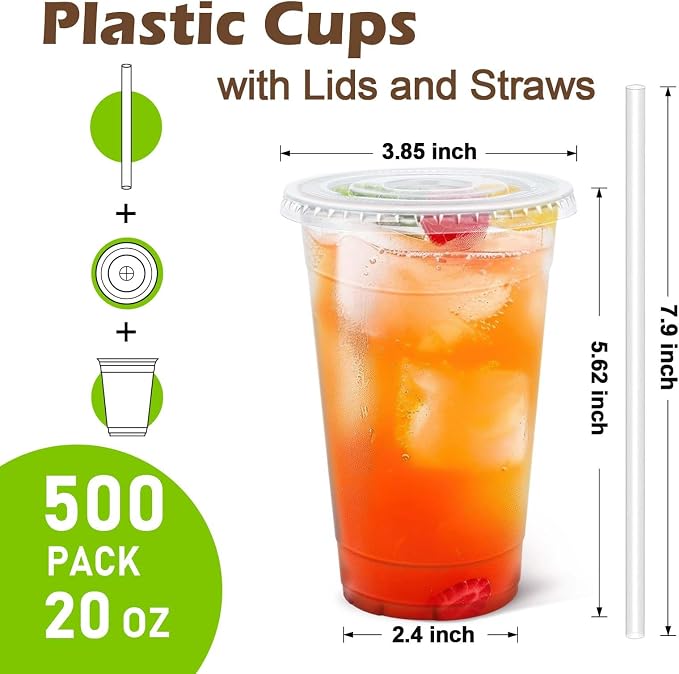 Clawsoff 500 Pack 20 oz Disposable Clear Plastic Cups with Lids and Straws | Leak-Proof Sturdy Cold Drink Cups for Iced Coffee, Smoothies, Juice, Parties & Business