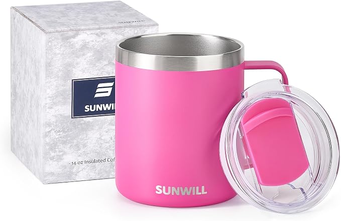 SUNWILL Insulated Coffee Mug, Stainless Steel 14 oz, Splash-Proof Lid | Keeps Drinks Hot & Cold, Powder-Coated Magenta Finish, Dishwasher Safe, Ideal for Home & Office