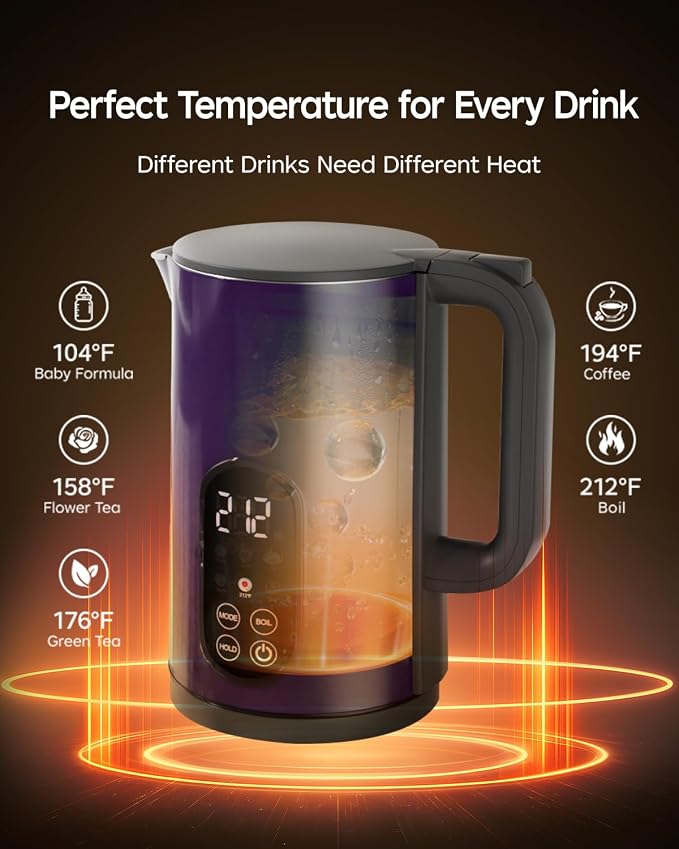 1.7L Stainless Steel Electric Kettle with Temperature Control – Purple | 5 Preset Temperatures for Tea & Boiling Water, 2H Keep Warm, 1200W BOIL Mode, 304 Stainless Steel Interior, Cordless Base