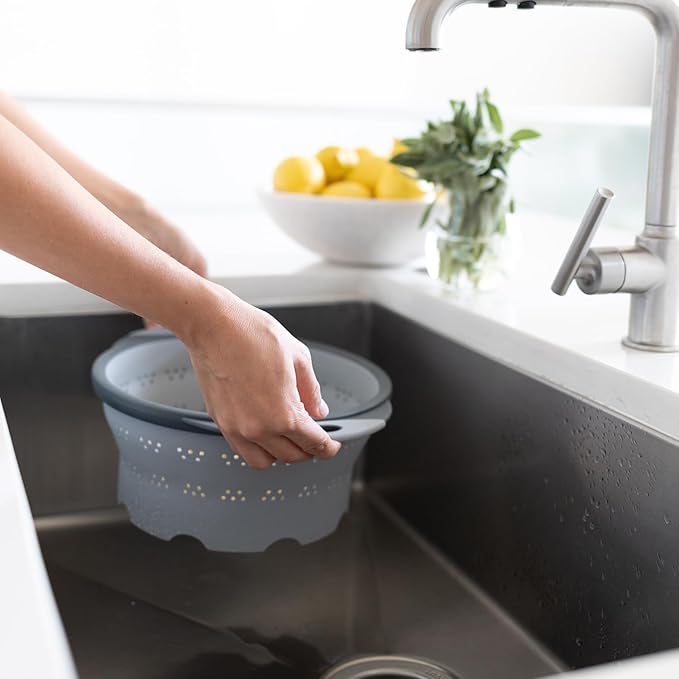 Dexas 10" Collapsible Silicone Colander in Cool Grey, Kitchen Strainer with Handles, 15.1 Cup Capacity | BPA-Free, Heat-Resistant, Space-Saving Kitchen Tool
