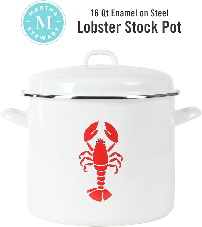 Martha Stewart 16-Quart Enamel on Steel Scratch-Resistant Lobster Stock Pot – Linen – Durable Large Capacity Pot for Boiling, Steaming & Seafood Cooking