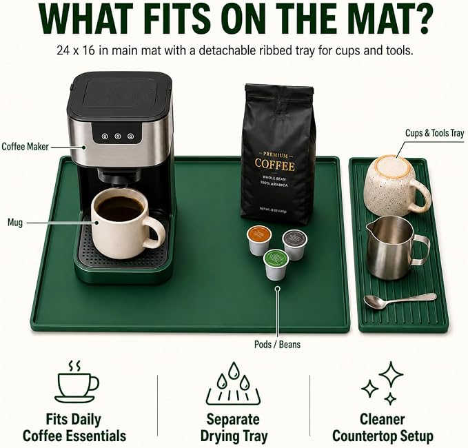 Silicone Coffee Mat 24 x 16 in with Tray, Deep Forest Green | Coffee bar mat for countertop use, coffee station mat or coffee machine mat with removable tray and 0.47 in raised rim.