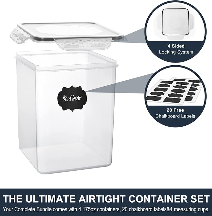 Large Food Storage Containers 5.2L (175oz), MCIRCO 4 Pieces Plastic Airtight Food Storage Containers for Flour, Sugar, Baking Supplies, with 4 Measuring Cups and 20 Labels
