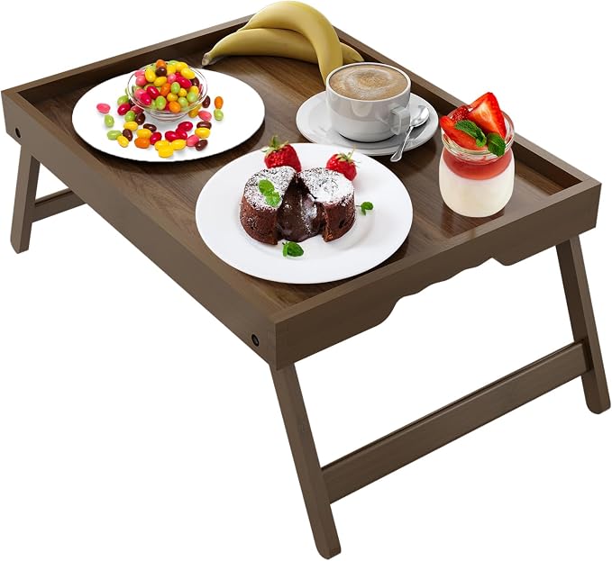 Artmeer FSC 100% Bamboo Bed Tray with Folding Legs, Large, Walnut | Large FSC 100% bamboo bed tray with folding legs, handles and raised edges for meals, laptops, reading and serving.