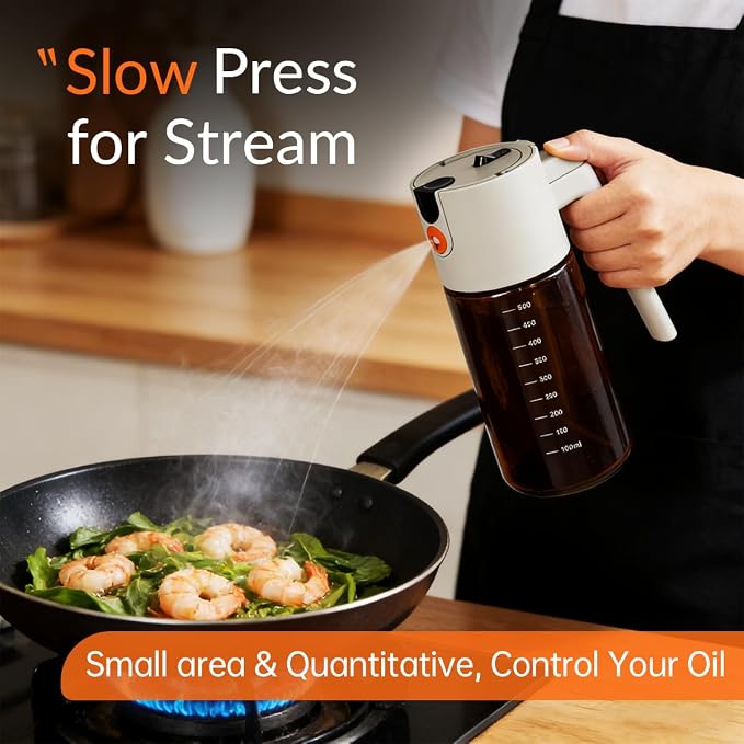 2 in 1 Oil Sprayer & Dispenser for Cooking, 500ml Light-Blocking Glass Olive Oil Bottle with Gravity Sensing Cap, Ergonomic Push-Button Design for Air Fryer, BBQ, Salad