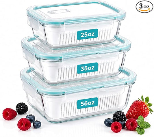 Glass Berry Container for Fridge, 3 Pack, 56oz 35oz 25oz, with Removable Colander and Vent Valve, Fresh Produce Storage Set