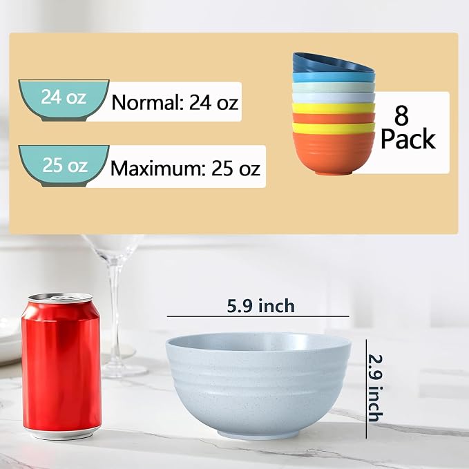 24 OZ Wheat Straw Cereal Bowls Set of 8, Unbreakable & Reusable Bowls, BPA Free Eco Friendly, Microwave & Dishwasher Safe, Multi Color Bowls for Ramen, Soup, Salad