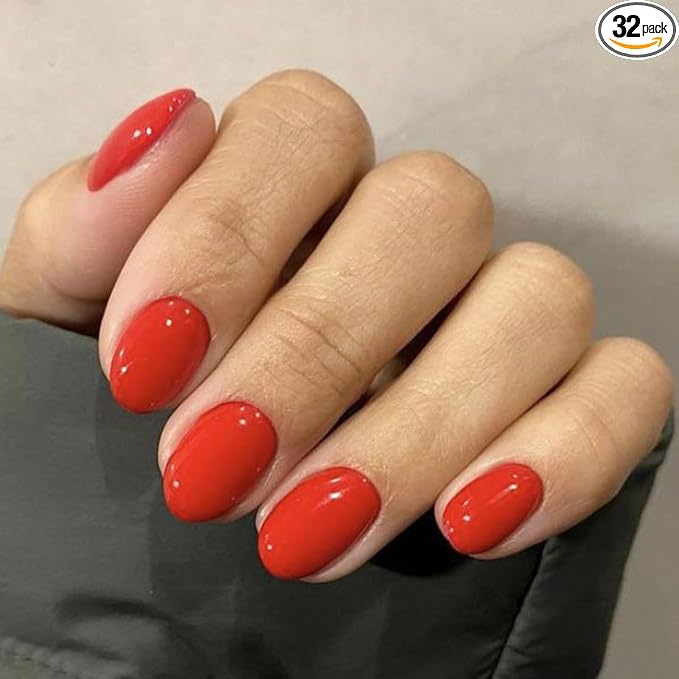 modelones Red Short Press on Nails Oval Fake Nails with Nail Glue | Adhesive Tabs, Nail File, Prep Pad, Manicure Stick, 32Pcs 16 Sizes, Women Girl Gift