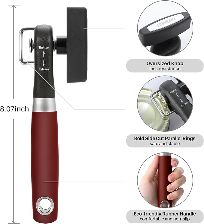 Beneno Can Opener, Manual Side Safe Cut Can Opener Smooth Edge, Red | Durable Sharp DC53 Steel Cutting Blade, Clean Cut with no Sharp Can Edges, Big Effort-Saving Knob, Comfortable Non-Slip Grip