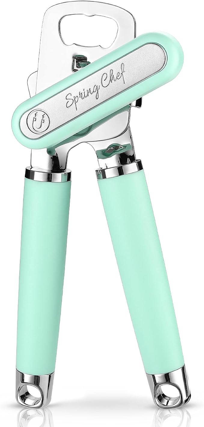 Spring Chef Stainless Steel Manual Can Opener with Soft Grip Handles, Mint | Heavy Duty Hand Can Opener for Seniors with Smooth Edge, Easy Turn, 3in1 Can Opener with Magnetic Lid Remover & Bottle Opener