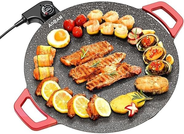 Electric Smokeless Grill, Non-Stick BBQ Griddle with Temperature Control, Round Cooking Surface with Red Handles, Indoor Barbecue Pan for Meat and Seafood (14)