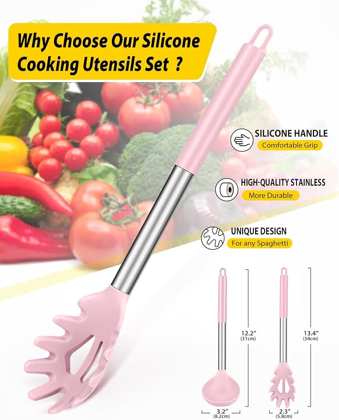 BUNDLEPRO Silicone Pasta Fork and Ladle Spoon Set, 2 Pack, Pink | Large Non Stick, High Heat Resistant Kitchen Utensils for Cooking,Stirring,Serving Spaghetti, Soup, Sauce