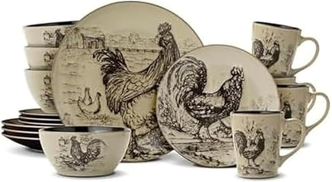 Pfaltzgraff Homespun Rooster 16-Piece Dinnerware Set, Service for 4 Brown