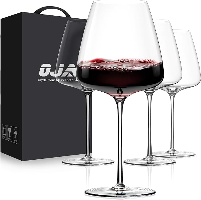 OJA Wine Glasses Set, Crystal Hand Blown Red Wine Glass Set of 4, 23 oz | Long Stem, Unique Large Design, Best for Wine tasting, Birthday, Christmas, Anniversary