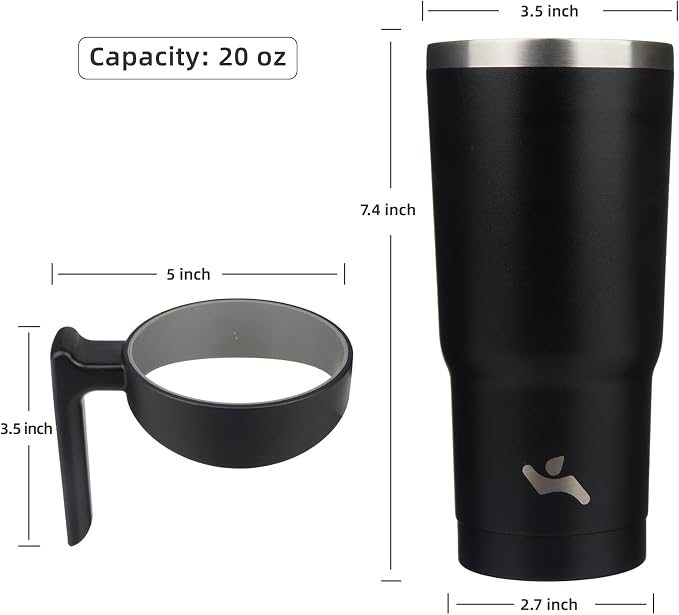 Konokyo 20 oz Tumbler with Handle and Straw, Insulated Travel Mug | Black; BPA-free, leak-proof tumbler with 2 lids, 2 straws, cup holder fit for coffee, office, travel & daily use